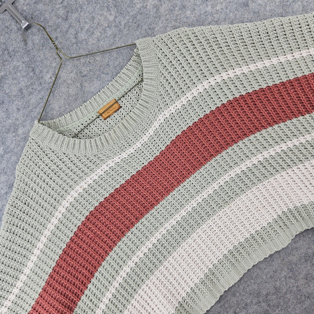 POL Short Sleeve Knit Sweater Women's Small Sage Green Striped Wide Fit Cropped